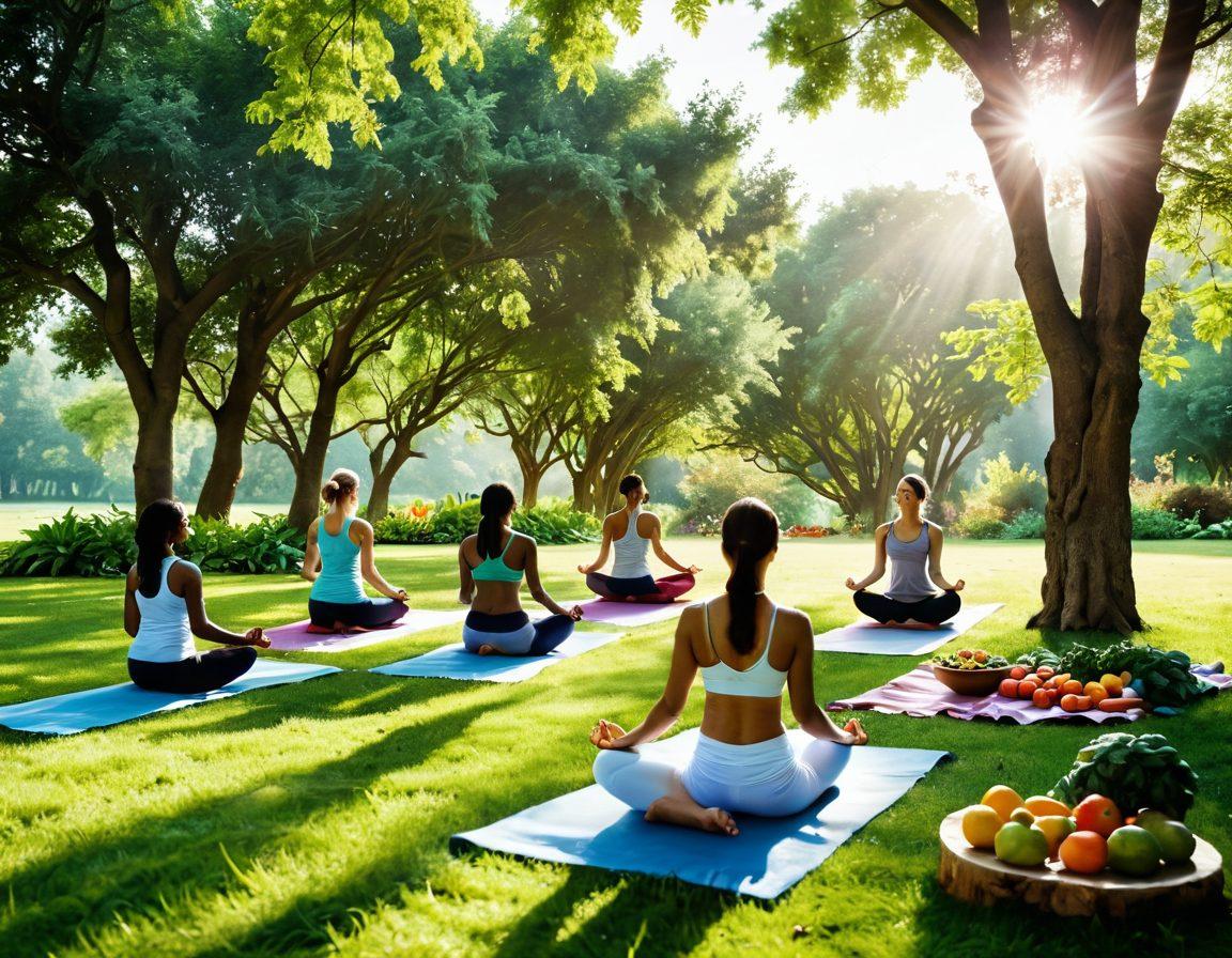 A serene scene depicting a diverse group of individuals practicing yoga in a lush green park, surrounded by colorful fruits and vegetables symbolizing nutrition. Soft sunlight filters through the trees, highlighting their peaceful expressions and a table set with healthy dishes in the background. The atmosphere conveys healing and harmony with nature. bright colors. super-realistic.