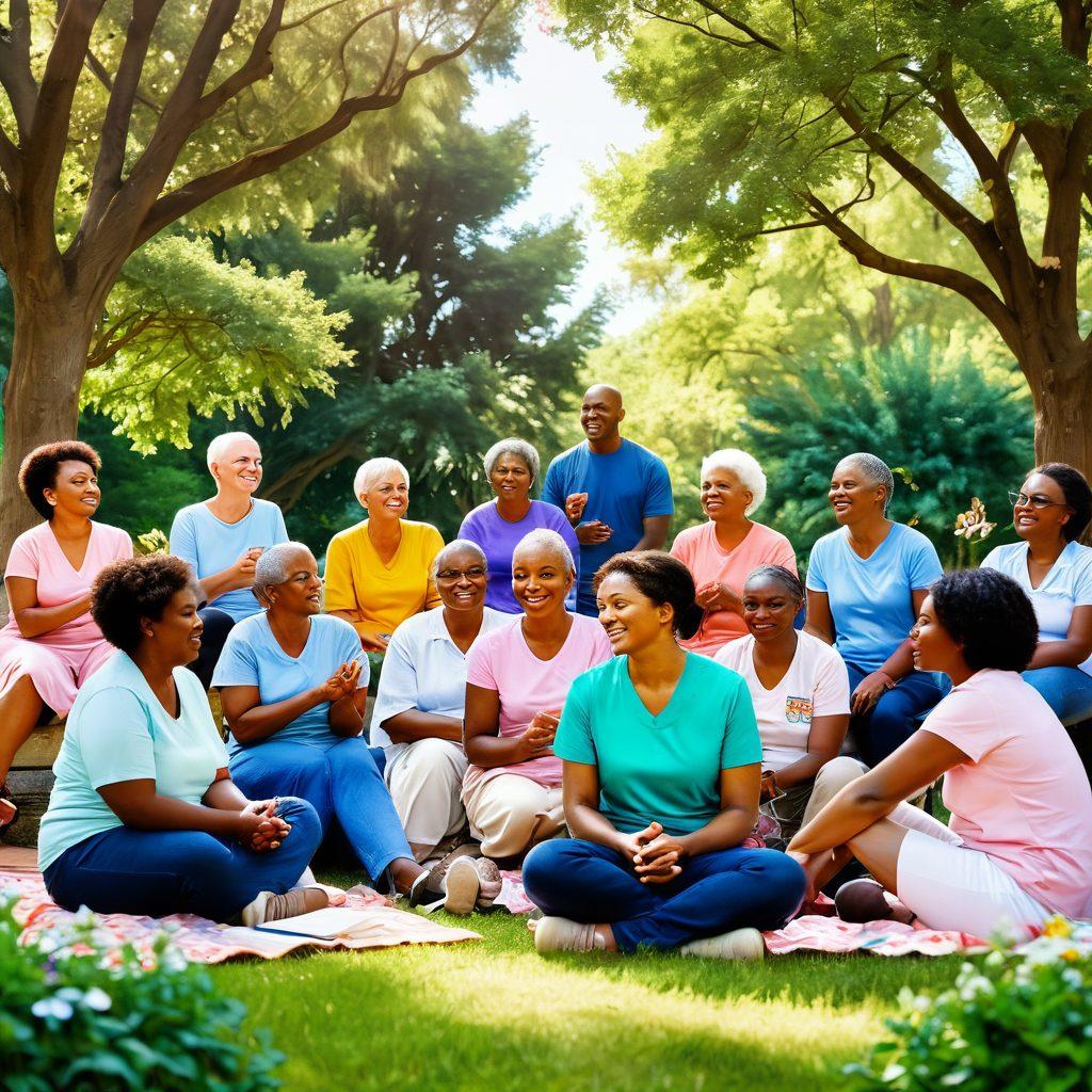 A diverse group of cancer survivors sitting in a sunlit park, sharing stories and supporting each other, surrounded by lush green trees and blooming flowers. Include elements representing advocacy, such as flyers and banners in the background, plus visual symbols of mental health like a serene butterfly and a supportive hand symbol. The scene should radiate warmth and hope. vibrant colors. super-realistic. natural lighting.